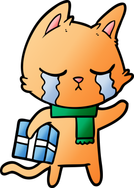 Ağlayan çizgi film kedisi elinde bir insan tarafından çizilmiş Noel hediyesini tutuyor.