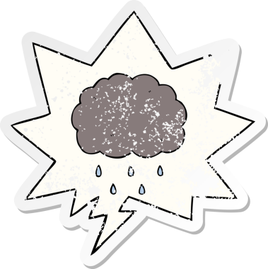 Karikatür bulutu yağmur gibi yağıyor. Bir insan tarafından çizilmiş, sıkıntılı, eski bir çıkartma.