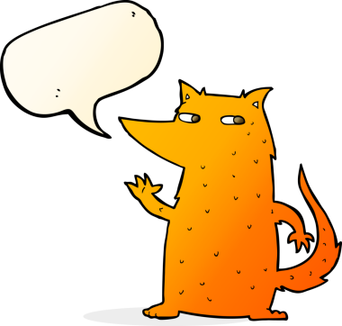 Bir insan tarafından çizilmiş konuşma baloncuğuyla sallanan tilki çizgi filmi.