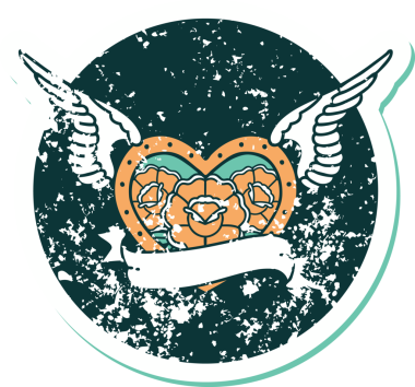 Bir insan tarafından çizilmiş çiçek ve pankartıyla uçan bir kalbin sembolik dövmeli resmi.