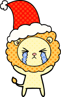 Bir insan tarafından çizilmiş Noel Baba şapkası giymiş ağlayan bir aslanın el çizimi çizgi roman çizimi.