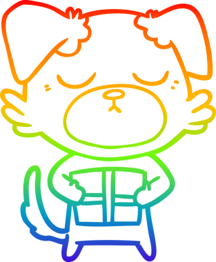 Gökkuşağı gradyan çizimi. Bir insan tarafından çizilmiş Noel hediyeli şirin bir çizgi köpek çizimi.