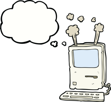 Bir insan tarafından çizilmiş düşünce baloncuklu eski bir bilgisayar.