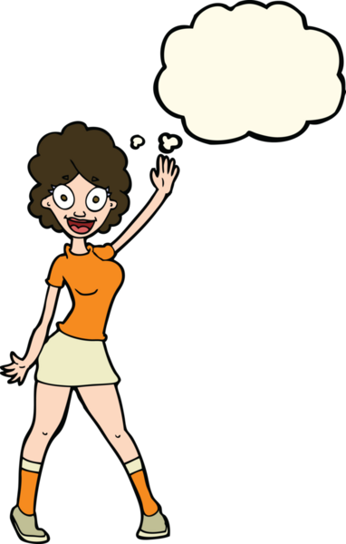 Bir insan tarafından çizilmiş düşünce baloncuğuyla dans eden çizgi film kadını.