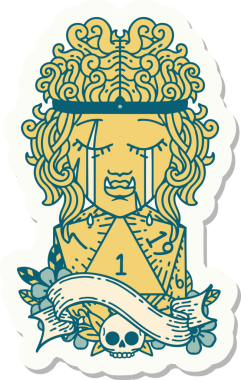 Ağlayan bir ork barbar karakterinin çıkartması. İnsan tarafından çizilmiş doğal bir D20 ruloyla.