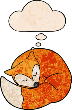 Bir insan tarafından çizilmiş grunge doku tarzında düşünce baloncuğu olan çizgi film uyuyan tilkisi.