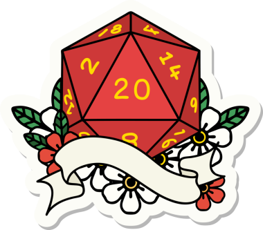 Bir insan tarafından çizilmiş 20 D20 zarının çıkartması.