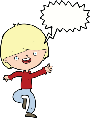 Bir insan tarafından çizilmiş konuşma balonuyla dans eden mutlu çocuk çizgi filmi.