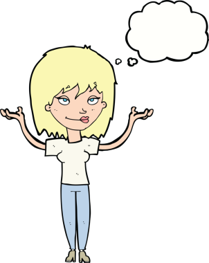 Bir insan tarafından çizilmiş düşünce baloncuğuyla omuz silken çizgi film kadını.