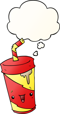 Düşünce baloncuklu tatlı karikatür gazozu bir insan tarafından çizilmiş.