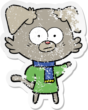 Bir insan tarafından çizilmiş eşarp giyen sinirli bir köpeğin sıkıntılı çıkartması.