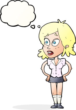 Bir insan tarafından çizilmiş düşünce baloncuğu olan elleri kalçasında çizgi film kadını.