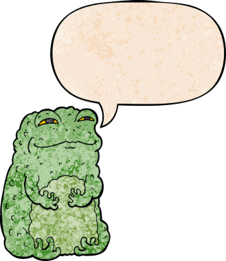 bir insan tarafından çizilmiş eski dokuda konuşma balonu olan kendini beğenmiş çizgi film karakurbağası.