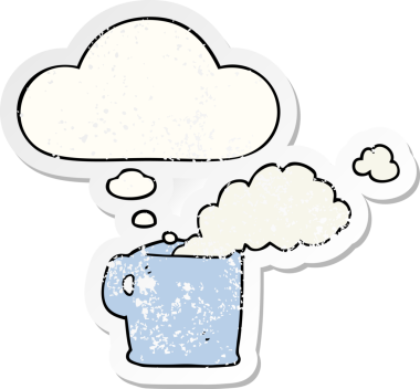 Düşünce baloncuklu sıcak kahve, bir insan tarafından çizilmiş yıpranmış bir çıkartma gibi.