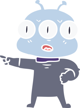 Düz renkli karikatür. Bir insan tarafından çizilmiş üç gözlü uzaylı.