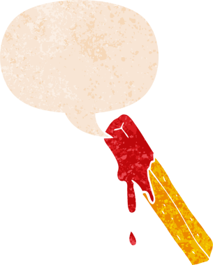 Çizgi film kızartılmış, konuşma baloncuğu ile grunge 'a batırılmış, sıkıntılı retro tarzı bir insan tarafından çizilmiş.