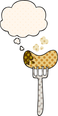 Çizgi roman tarzında bir insan tarafından çizilmiş düşünce baloncuklu sosis ve çatal.