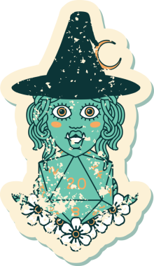 Retro Dövme Biçimi Yarı Ork Cadı Bir insan tarafından çizilmiş 20 zar ile