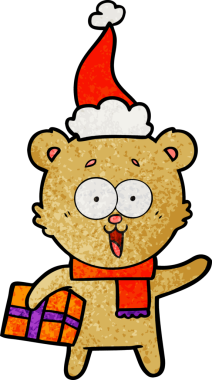 Bir insan tarafından çizilmiş Noel Baba şapkasıyla gülen oyuncak ayı.