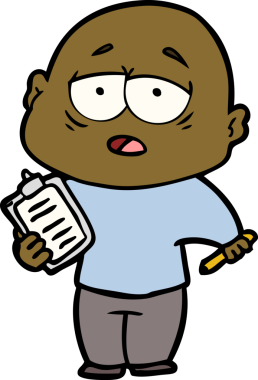 Bir insan tarafından çizilmiş yorgun, kel bir adam.