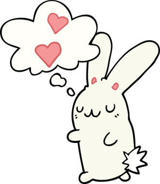 Bir insan tarafından çizilmiş düşünce baloncuğuna aşık çizgi film tavşanı