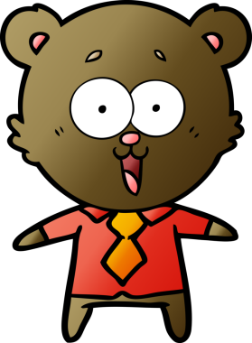 Bir insan tarafından çizilmiş tişörtlü ve kravatlı gülen ayıcık çizgi filmi.