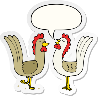Bir insan tarafından çizilmiş konuşma balonu çıkartmalı çizgi film tavukları.