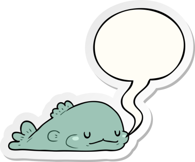 Bir insan tarafından çizilmiş baloncuk çıkartmalı şirin karikatür balığı.