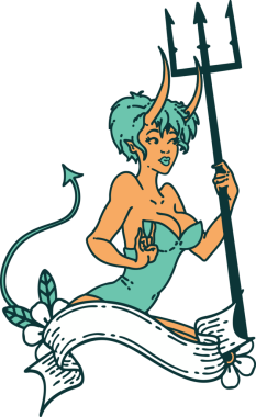 İkonik dövme stili. Bir insan tarafından çizilmiş afişi olan şeytan bir kızın resmi.