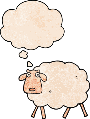 Bir insan tarafından çizilmiş grunge desenli düşünce baloncuklu çizgi film koyunu.