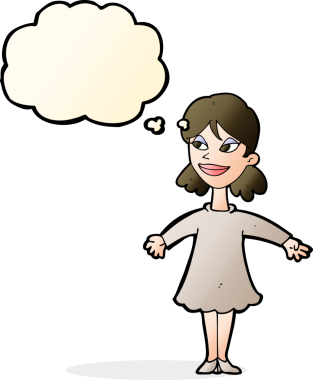 Bir insan tarafından çizilmiş düşünce balonlu açık kollu çizgi film kadını.