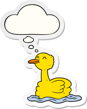 Düşünce baloncuklu çizgi film ördeği insan tarafından çizilmiş bir çıkartma.