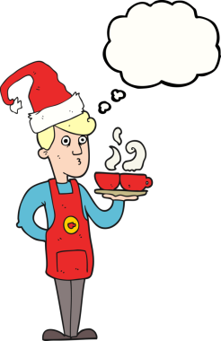 Bir insan tarafından çizilen Noel 'de kahve servisi yapan serbest çizim düşünce balonu çizgi film barmeni.
