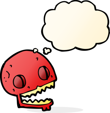 Bir insan tarafından çizilmiş düşünce baloncuklu garip kafatası.