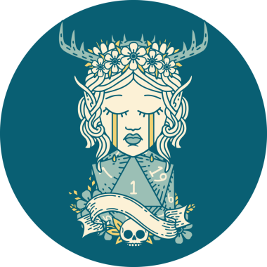 Ağlayan Elf Büyücüsü karakteri yüzü ve bir insan tarafından çizilmiş doğal bir D20 zar.