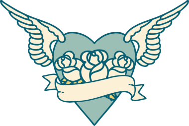 Kanatlı, çiçek ve bir insan tarafından çizilmiş bir kalbin ikonik dövme görüntüsü.