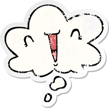 Düşünce baloncuğu olan sevimli çizgi film yüzü bir insan tarafından çizilmiş yıpranmış bir çıkartma gibi.