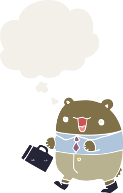 Bir insan tarafından çizilmiş düşünce baloncuğu olan sevimli çizgi film iş ayısı.