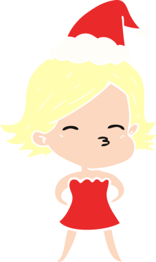 Bir insan tarafından çizilmiş Noel Baba şapkası takan bir kadının düz renkli çizimi.