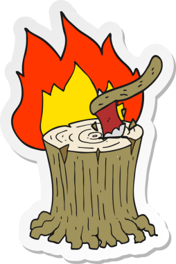 Bir insan tarafından çizilmiş alevli ağaç kütüğündeki baltanın çıkartması.