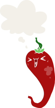 Düşünce baloncuklu sıcak kırmızı biber çizgi filmi bir insan tarafından çizilmiş.