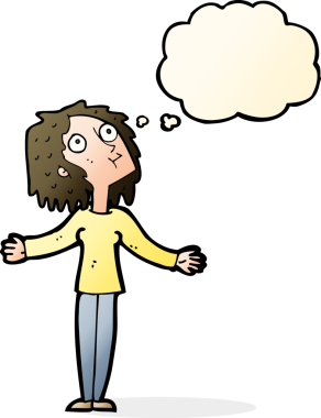 Bir insan tarafından çizilmiş düşünce baloncuğuyla yukarı bakan karikatürist meraklı kadın.