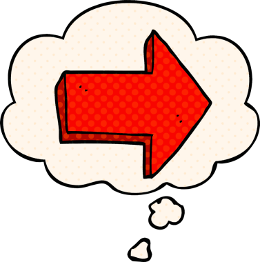 Bir insan tarafından çizilmiş çizgi roman tarzında düşünce baloncuklu ok gösteren çizgi film.