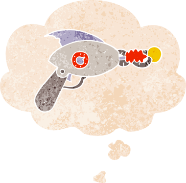 Düşünce baloncuklu karikatür ışın tabancası bir insan tarafından çizilmiş dertli retro desen tarzı