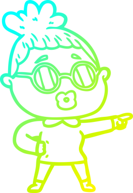 Bir insan tarafından çizilmiş gözlük takan bir kadının çizgi film çizimi.