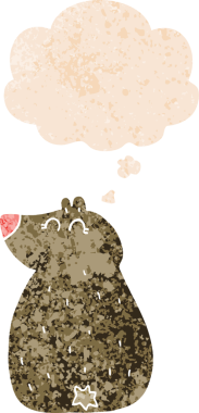 Bir insan tarafından çizilmiş grunge sıkıntılı retro tarzı düşünce baloncuğu ile sevimli çizgi film ayısı