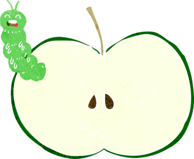 Bir insan tarafından çizilmiş elma yiyen çizgi film böceği.