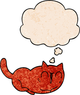 Bir insan tarafından çizilmiş grunge desenli düşünce baloncuklu mutlu çizgi film kedisi.