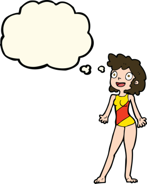 Yüzme kostümlü karikatür kadın. Düşünce baloncuğu insan tarafından çizilmiş.