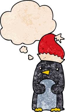 Bir insan tarafından çizilmiş grunge desenli düşünce baloncuğu olan şirin noel penguenleri.